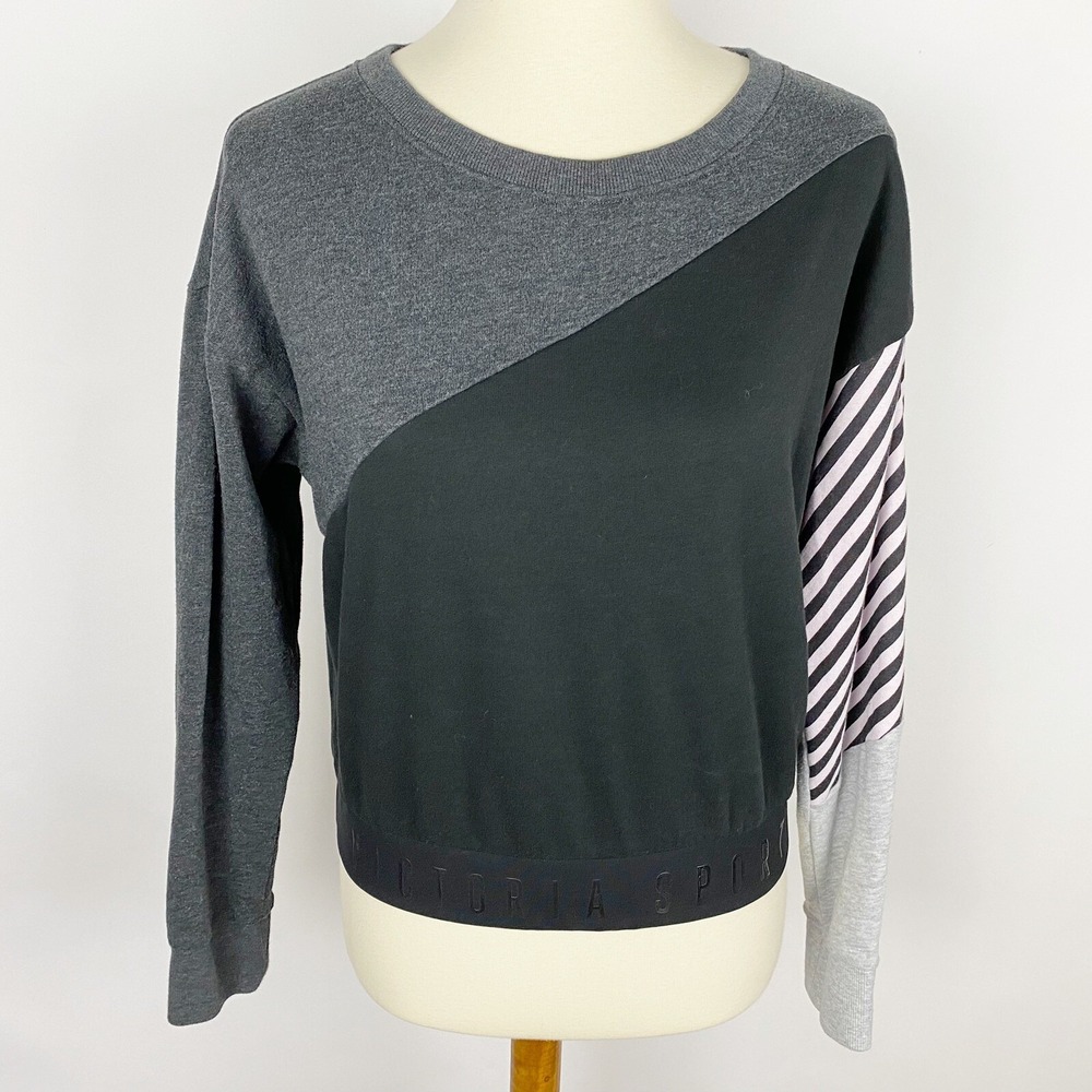 Victoria Sport Colorblock Striped Logo Hem Sweatshirt Women M Black Grey Pink